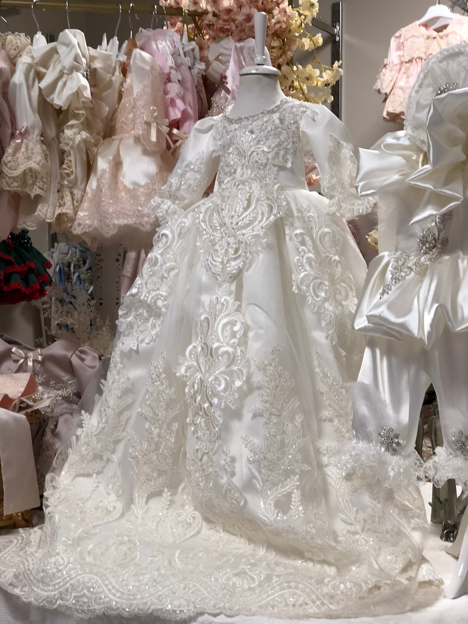 Cream Long Satin And France Fabric Amazing Gown And Bonnet Baptism Gown