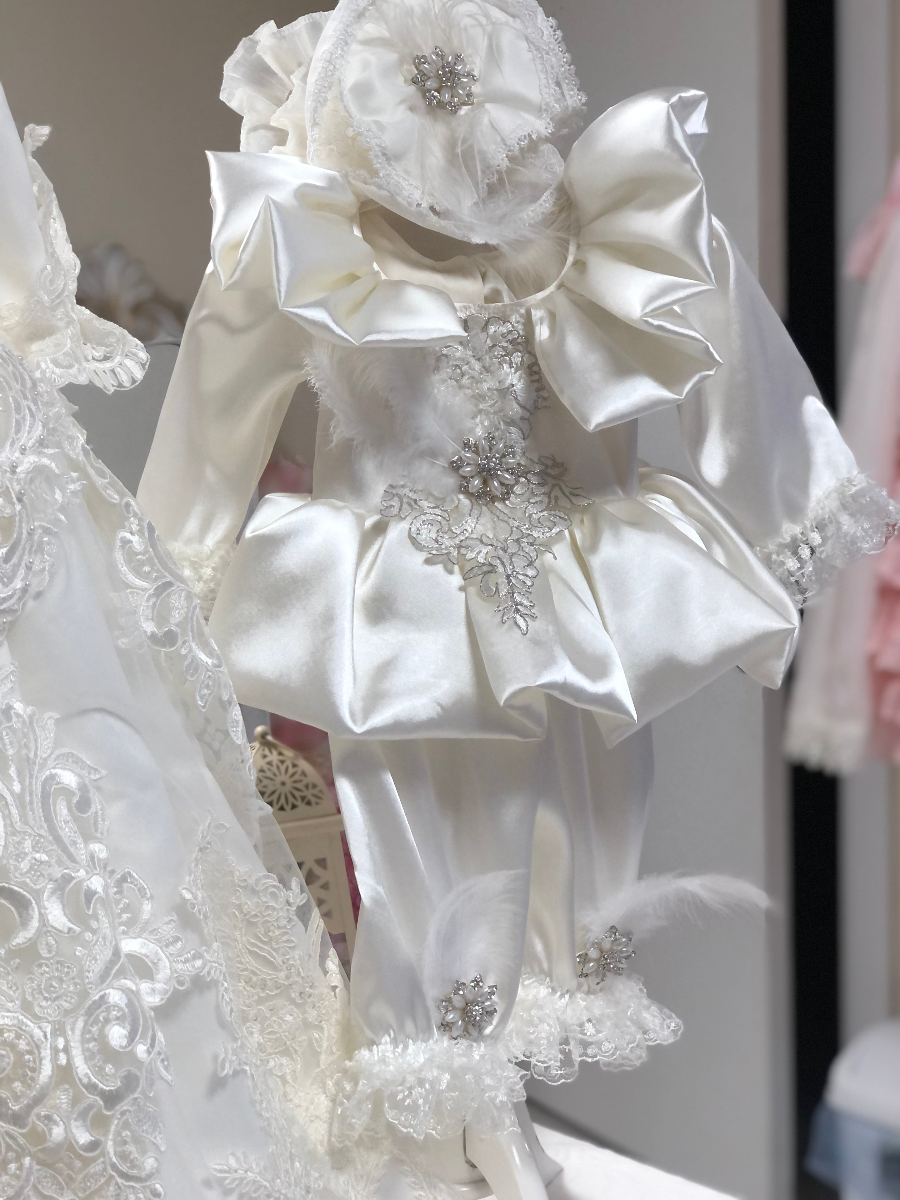 Cream Baptism Jumpsuit And HairBand