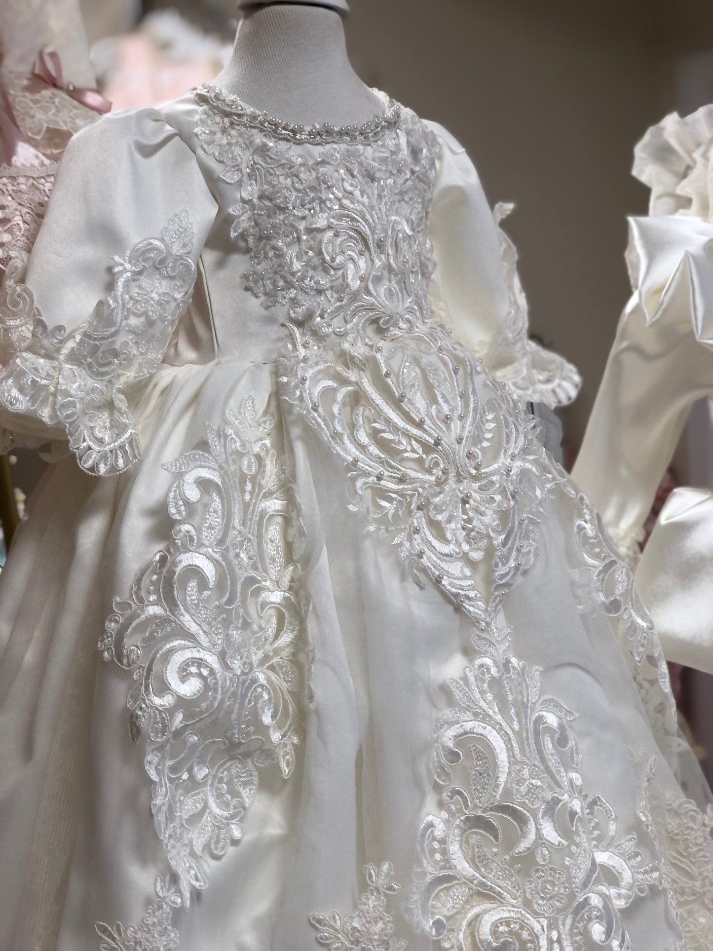 cream baby baptism gown and bonnet wholesale 4 pcs
