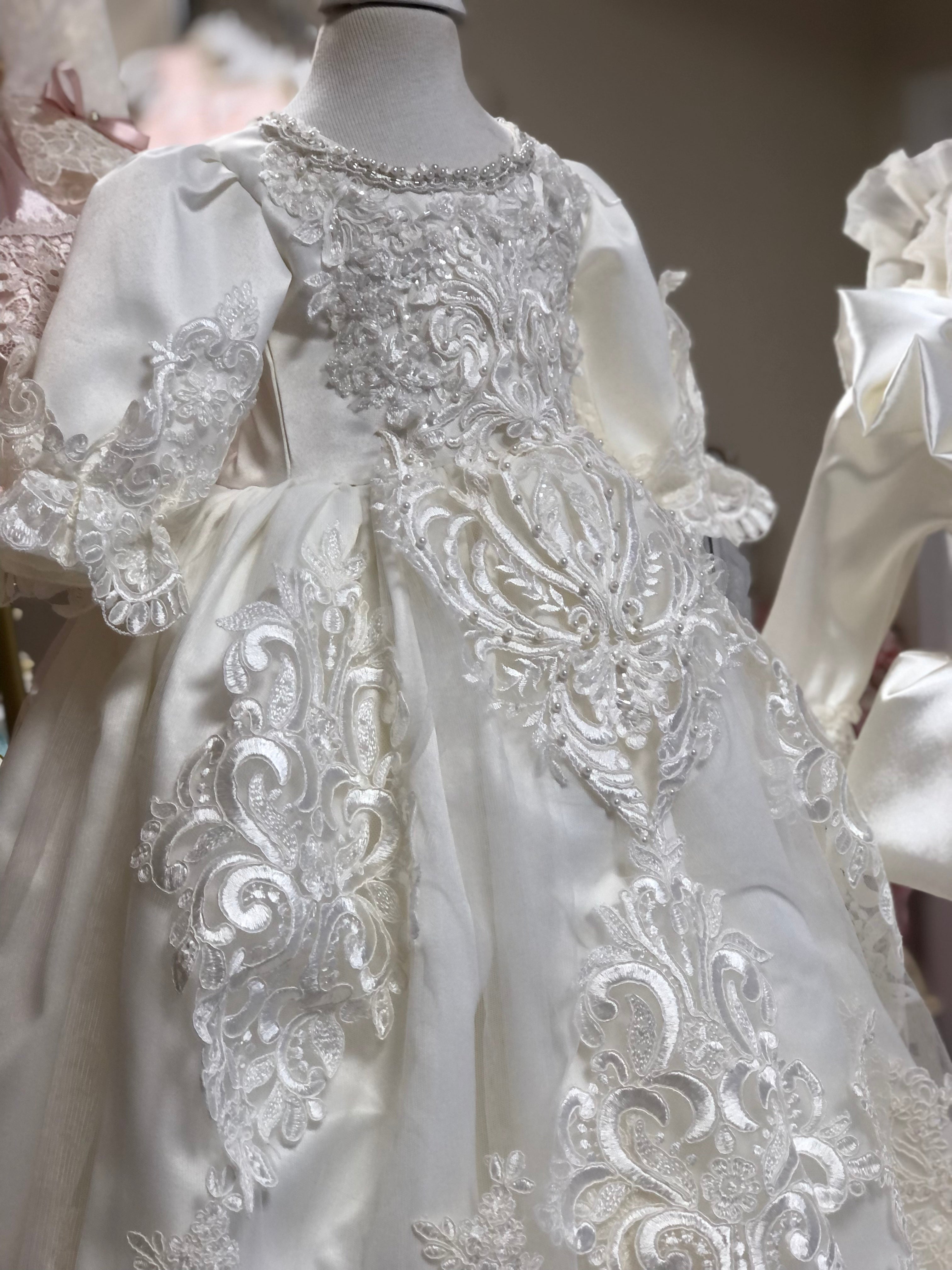 Cream Long Satin And France Fabric Amazing Gown And Bonnet Baptism Gown