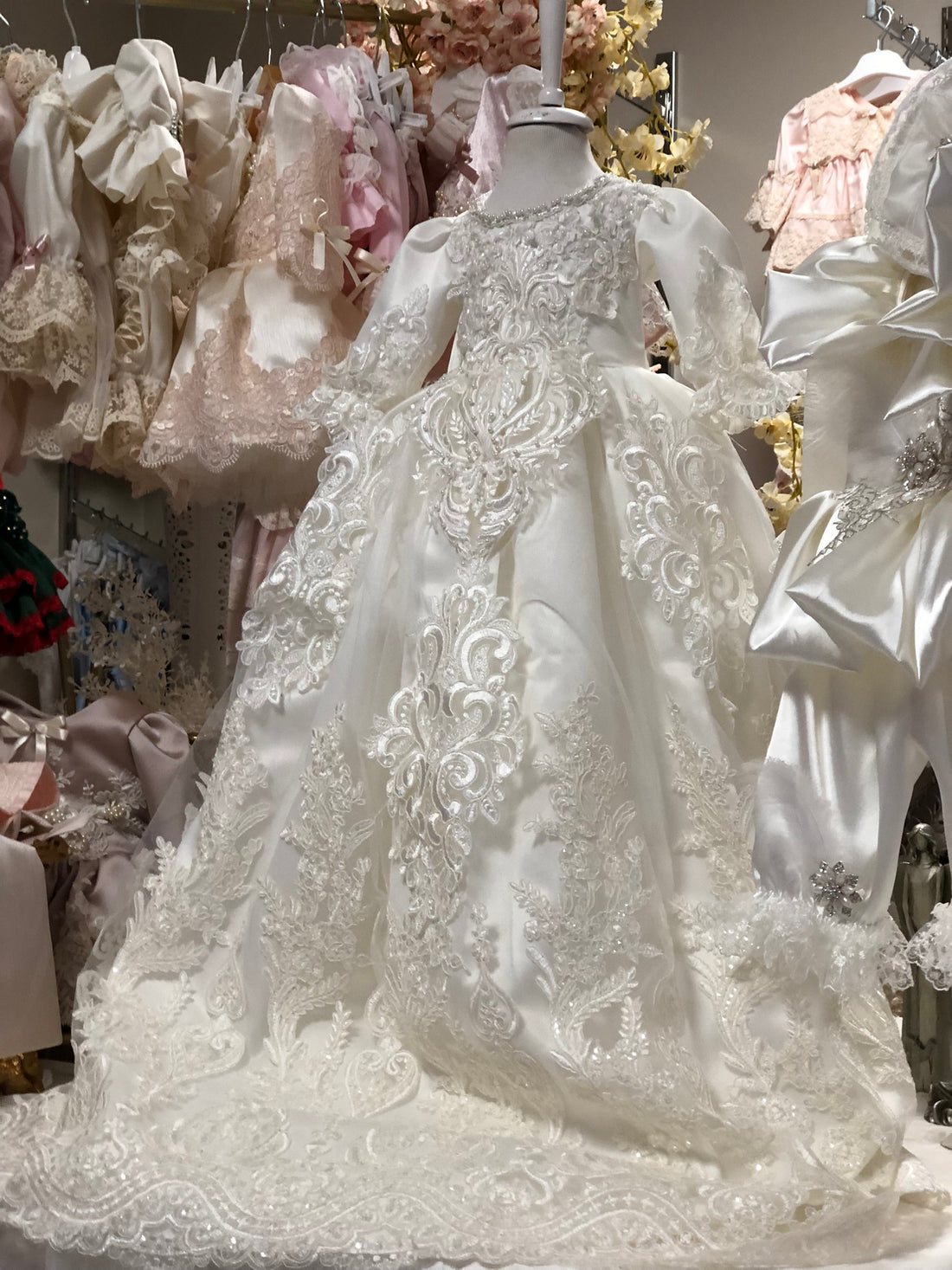 Cream Long Satin And France Fabric Amazing Gown And Bonnet Baptism Gown