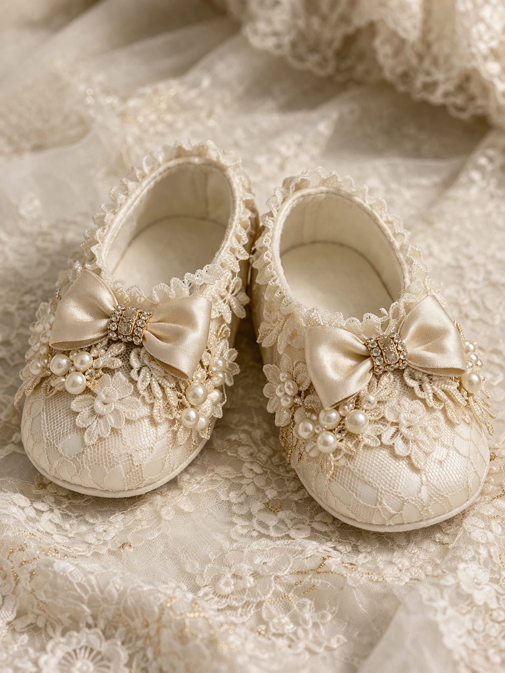 İvory lace fabric pearl details baby shoes