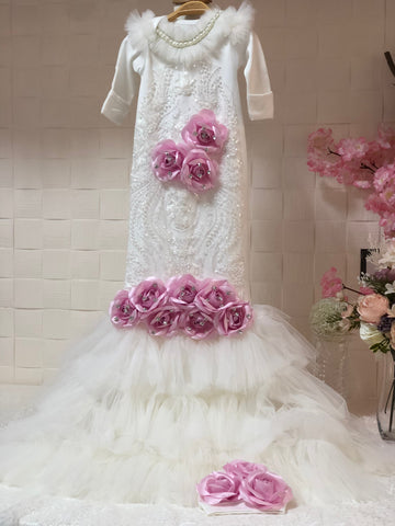 Cream Coton Fabrin Long pink Flowers Gown And Bonnet