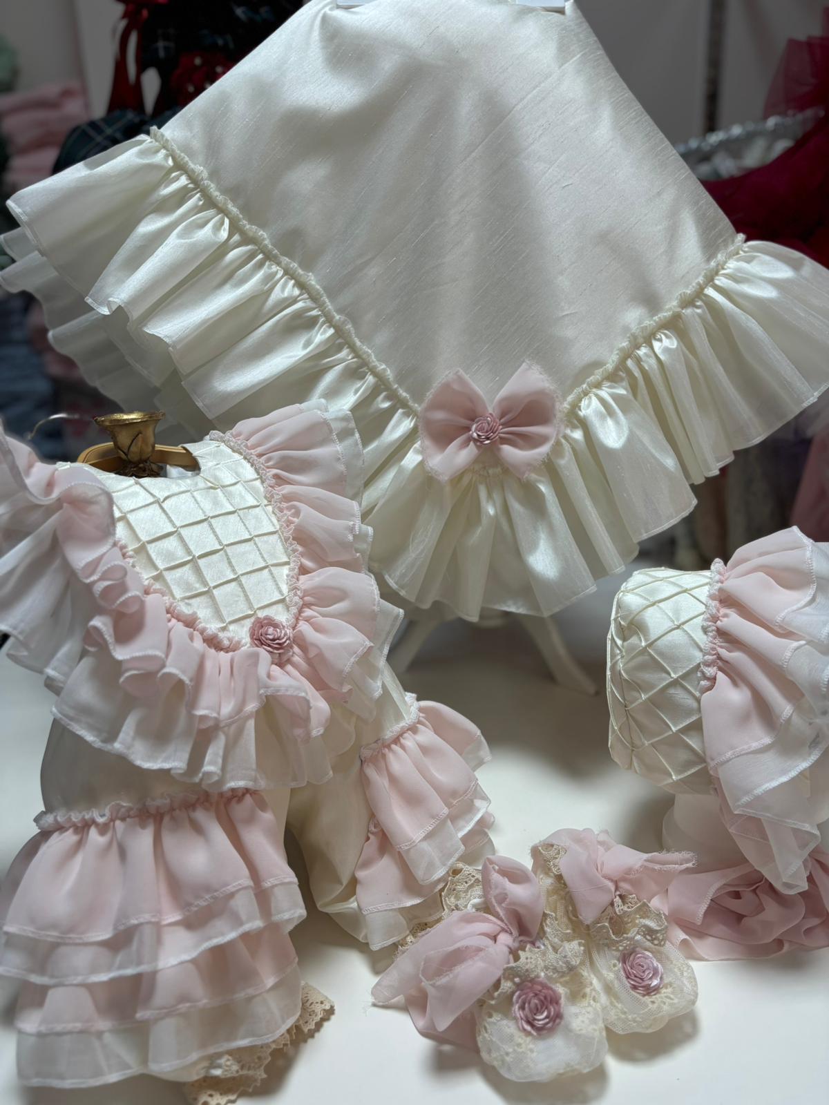 Cream pink baby Silk jumpsuit bonnet blankent and shoes set wholesale 4 pcs