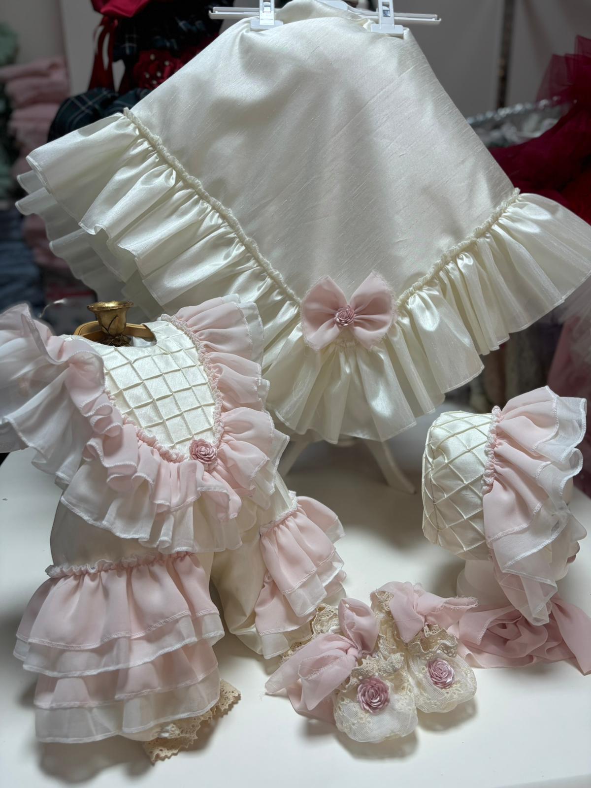 Cream pink baby Silk jumpsuit bonnet blankent and shoes set wholesale 4 pcs