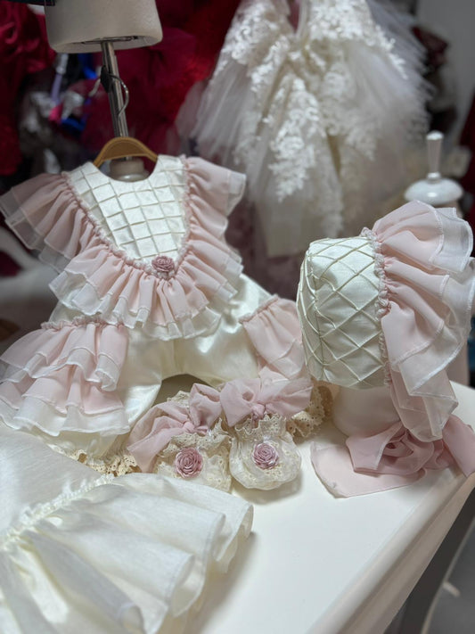 Cream pink baby Silk jumpsuit bonnet blankent and shoes set wholesale 4 pcs