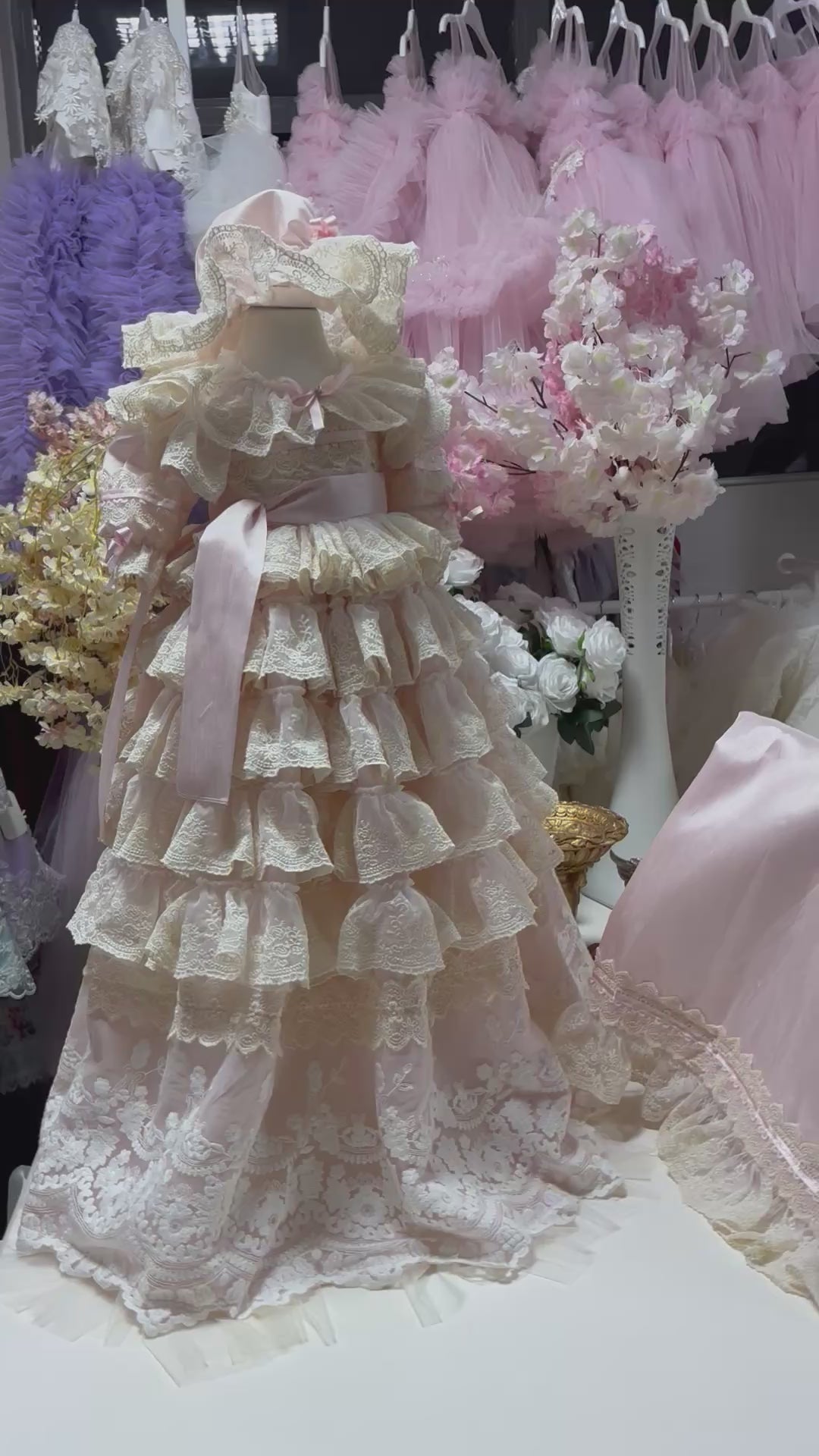 Pink silk lace fabric baby long gown bonnet and Blankent set