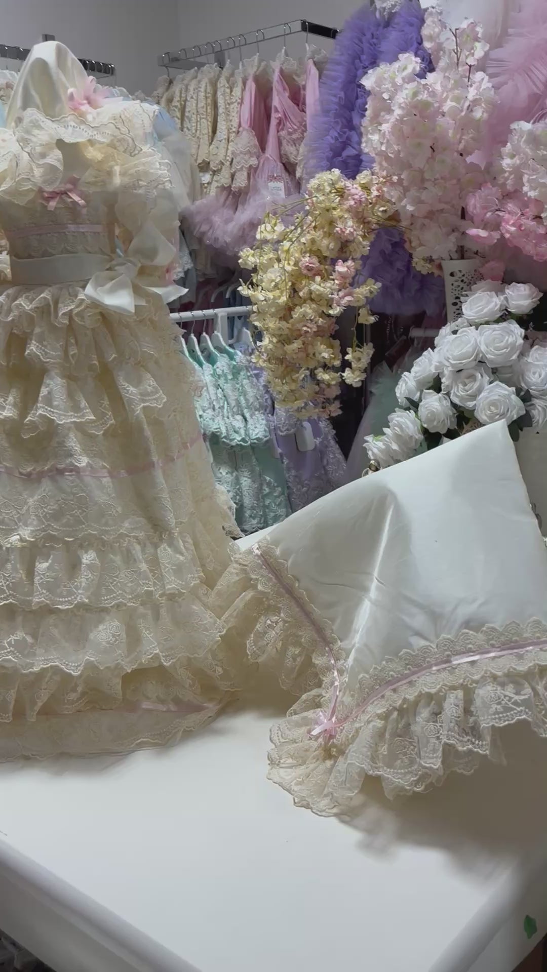 Ivory silk lace fabric baby long gown bonnet and Blankent set